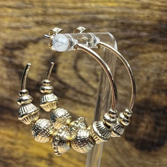 Gold Open Hoops w/ Gold Beads - Picture 4 of 7